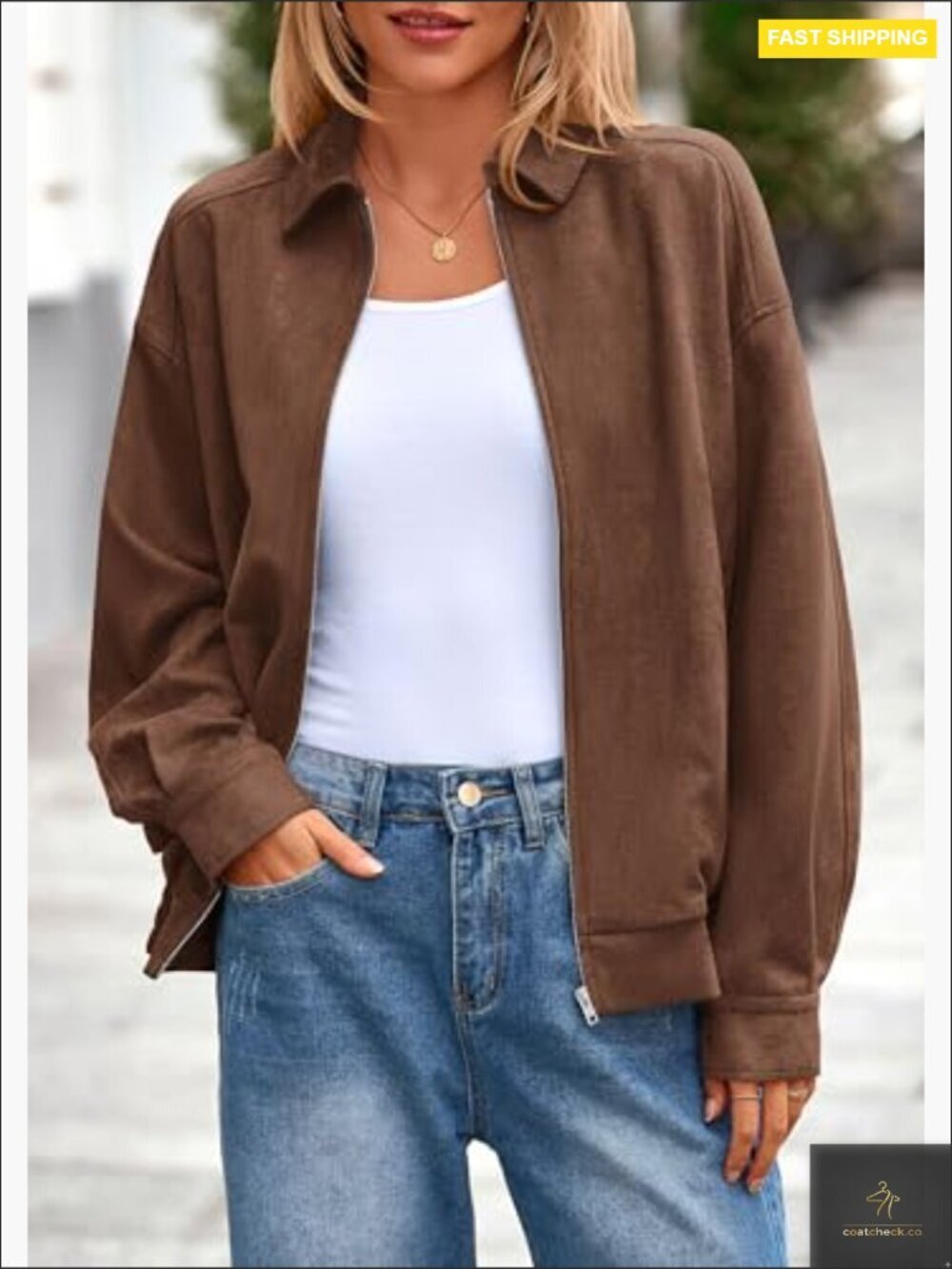 Faux Suede Bomber Jacket Oversized Aviator Style Zip Up Relaxed Fit - Picture 2 of 7
